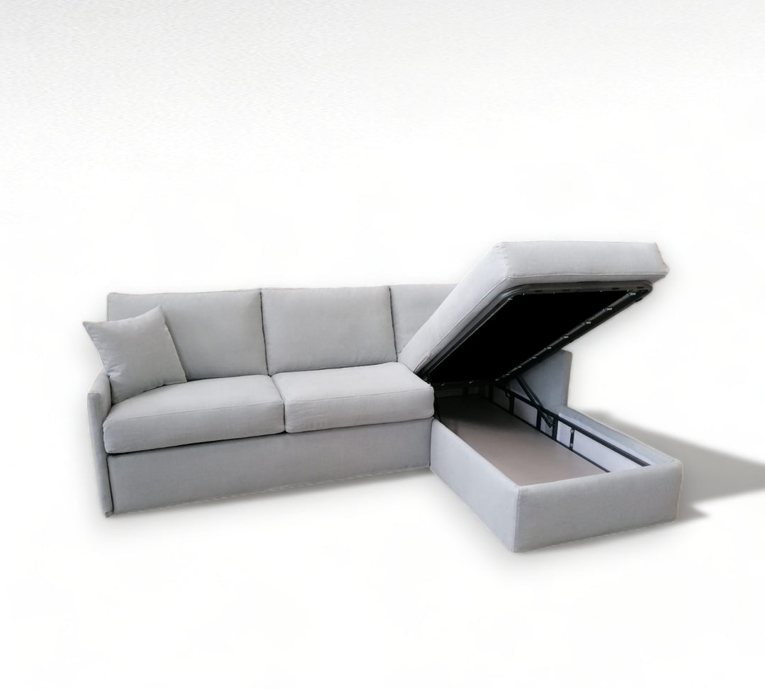 Comfy sofa showing chaise with storage
