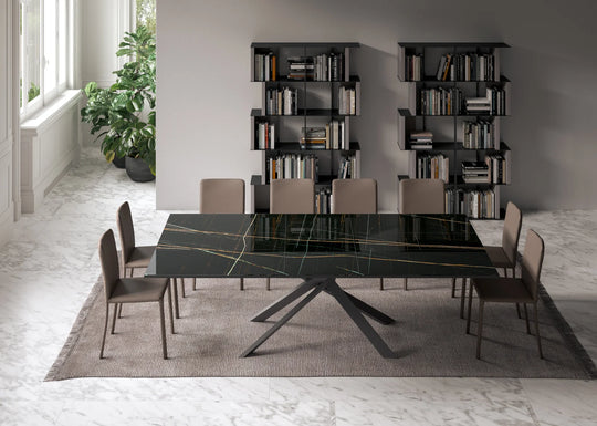 Dining room with the 4x4  black marble table and chairs in a modern interior setting.