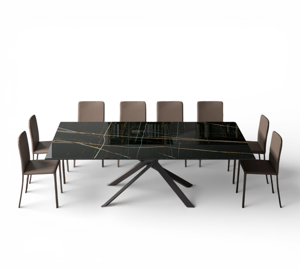 4x4 dining table with marble-like surface and six chairs on a white background