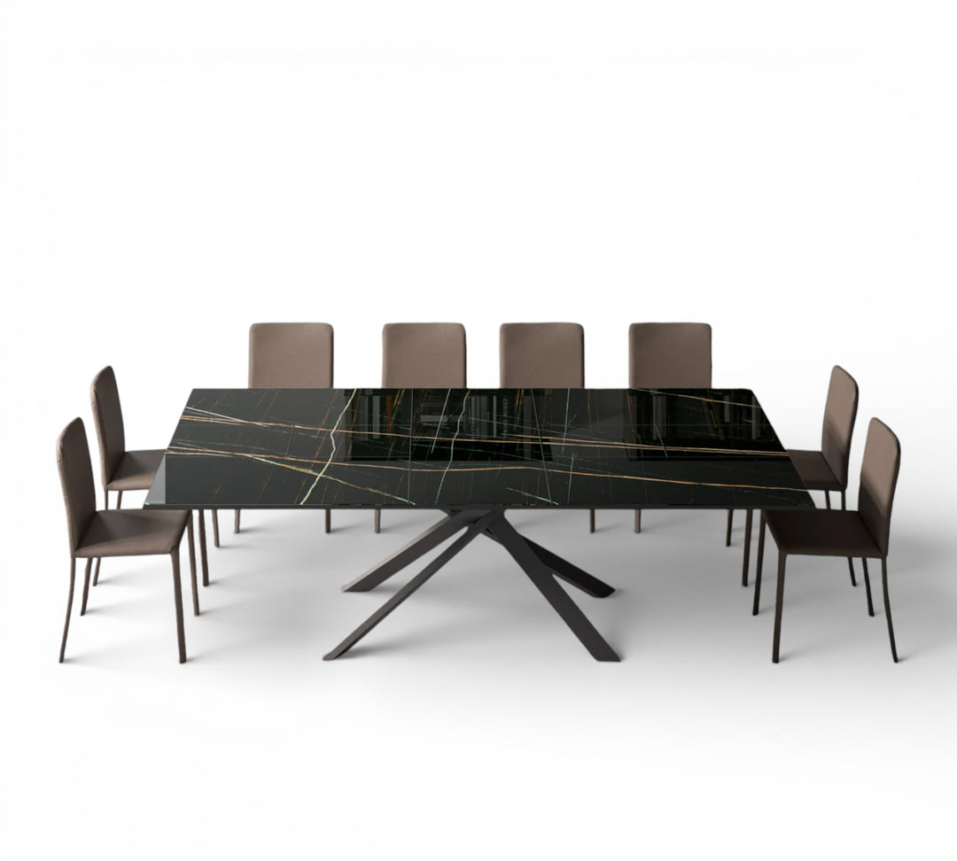 4x4 dining table with marble-like surface and six chairs on a white background