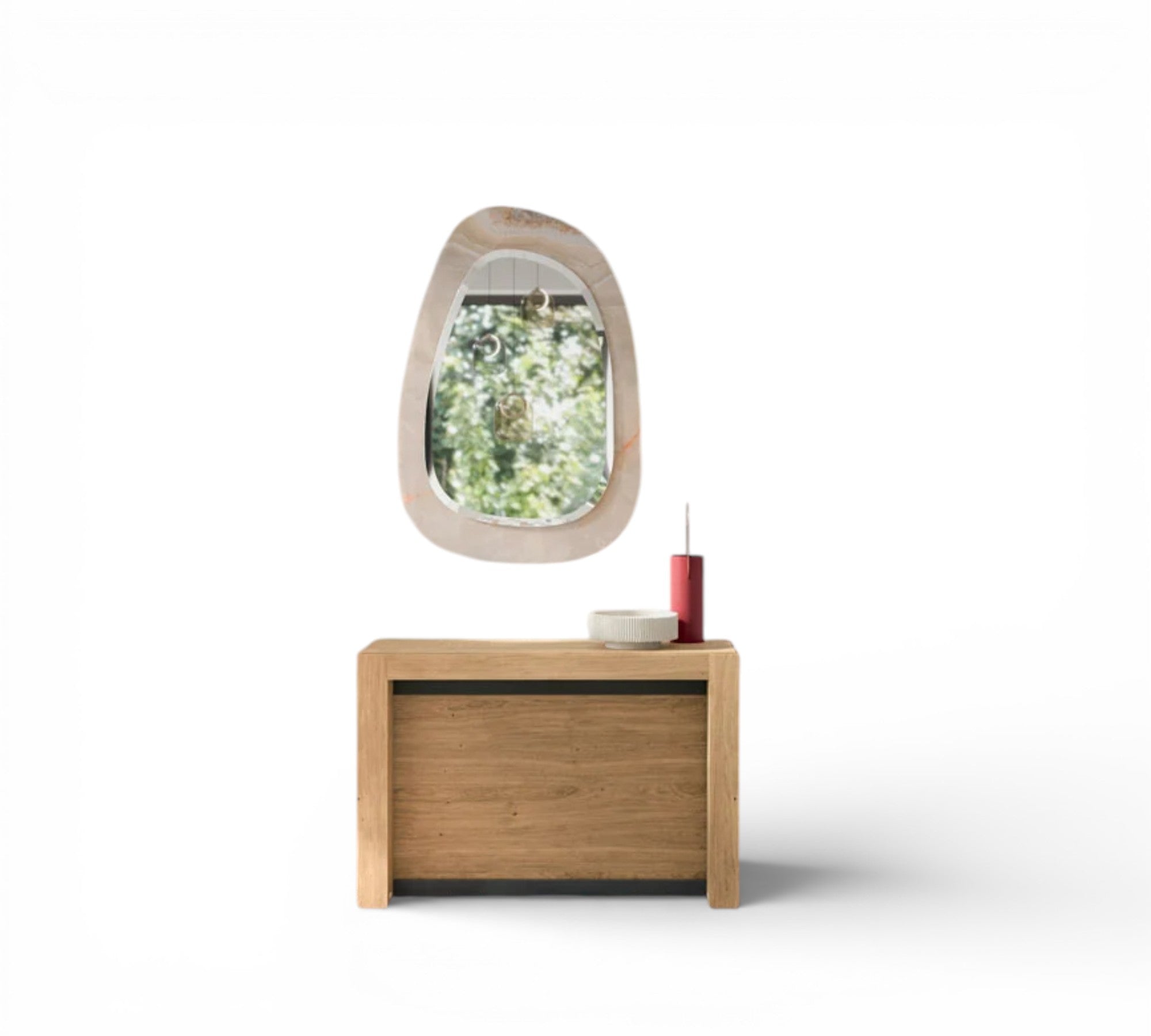 A3 Wooden console with round mirror on a white background
