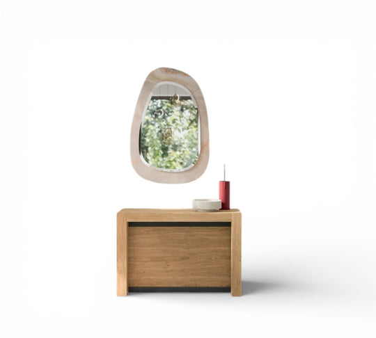 A3 Wooden console with round mirror on a white background
