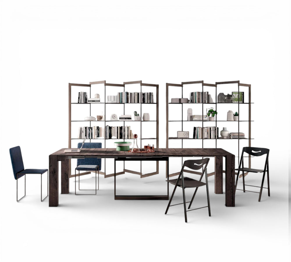 A4 extending console table,  modern office setup with a wooden desk, chairs, and bookshelves on a white background