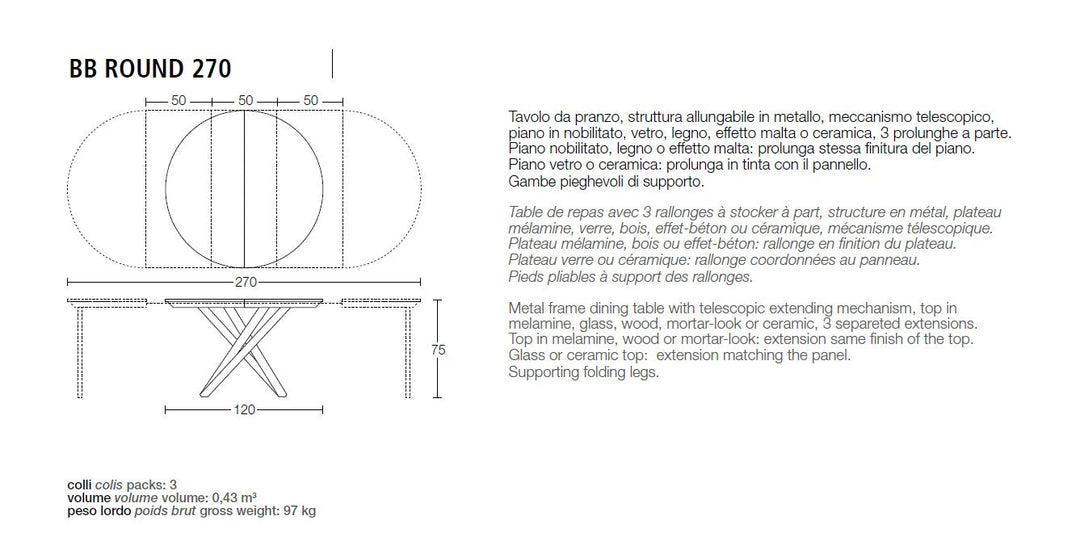 BB Round extendable dining Table measurements and description