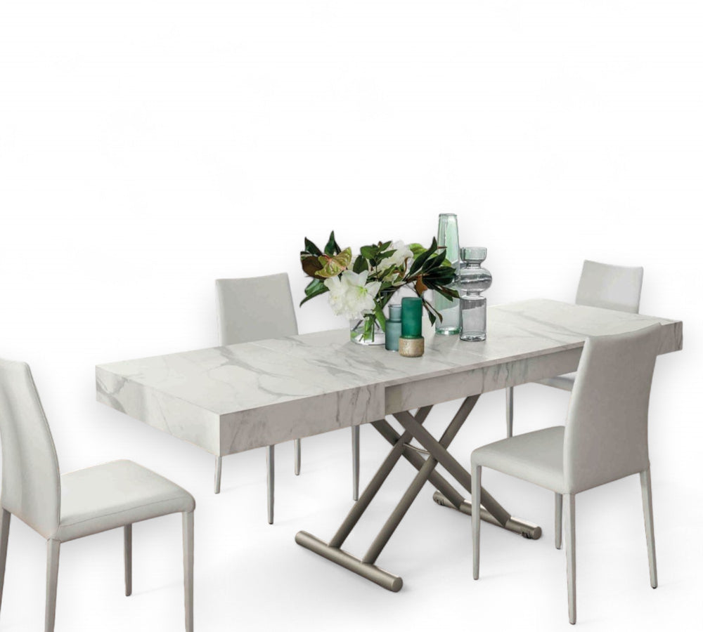 Boxy dining table with marble-like surface and four chairs on a white background