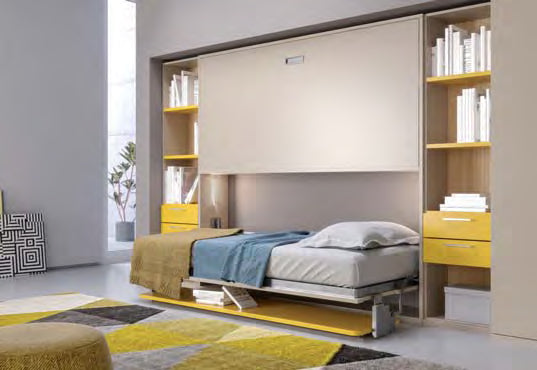 Cocoon Board bunk bed. Modern bedroom with a Murphy bed and bookshelves.