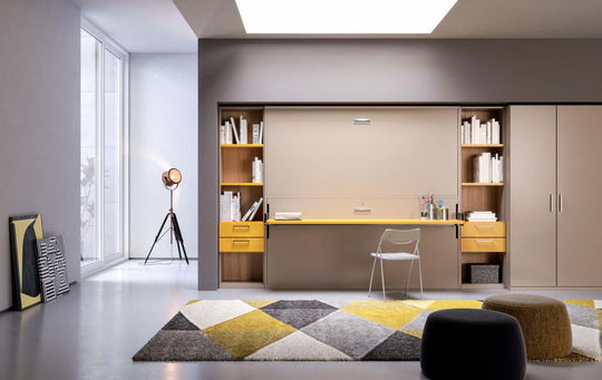 Cocoon Board bunk bed. Modern office space with a desk, shelves, and decorative elements.