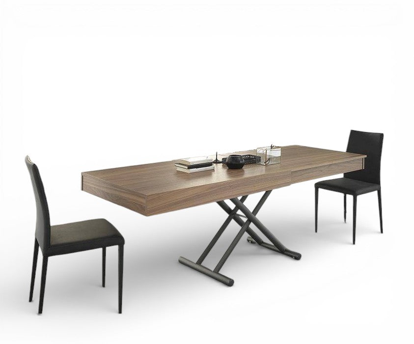 Cubic wooden desk with black chairs on a white background