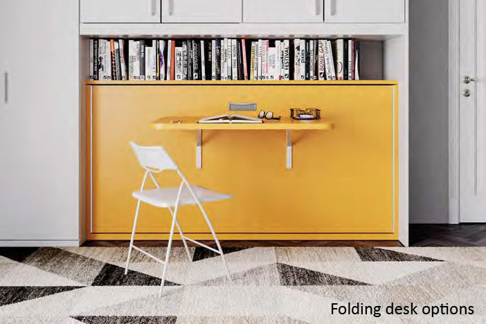 Cocoon folding desk. Yellow folding desk with a white chair in a room setting.