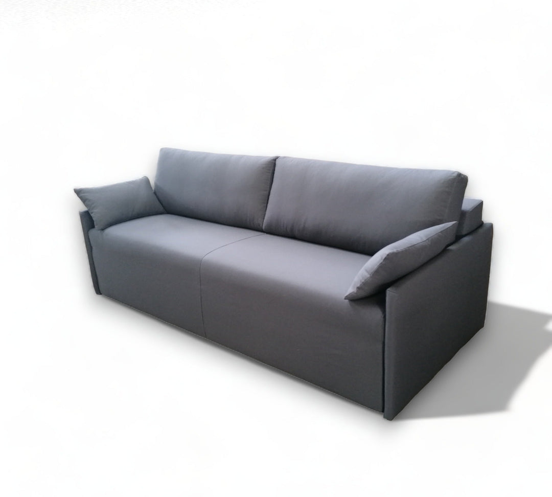 A modern gray sofa bunk bed with a minimalist design, featuring a sleek mechanism.