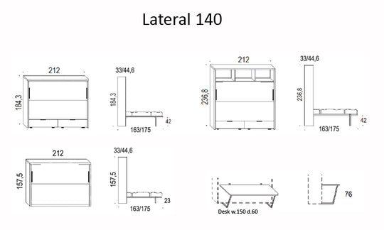 Technical drawing of a desk with dimensions labeled for the Lateral 140 wall bed.