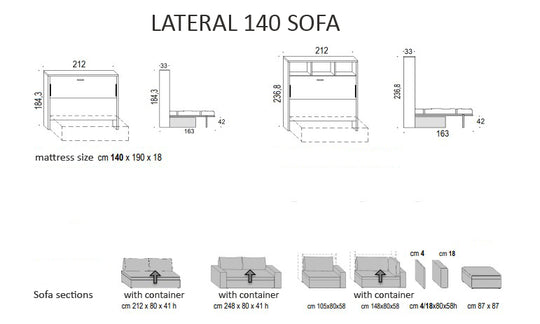 Technical diagram of a Lateral 140 sofa with dimensions and layout.