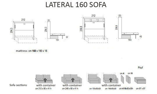 Technical drawing of  Lateral 160 sofa with dimensions and components.