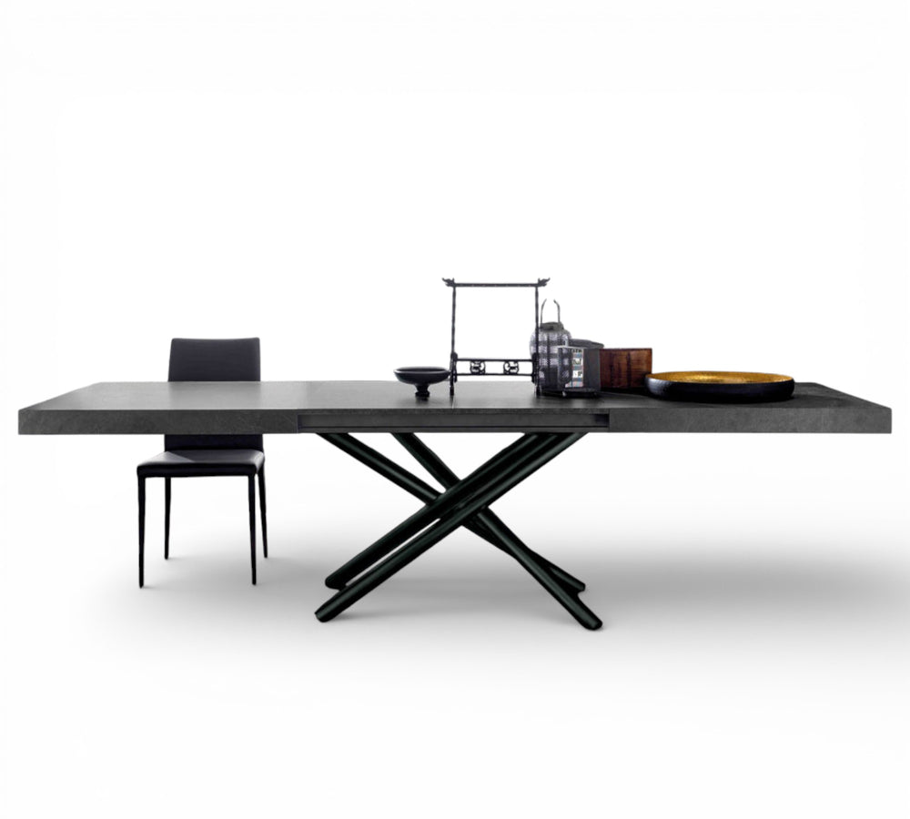 London modern black extendable dining table with chairs on a white background