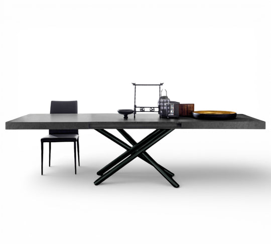 London modern black extendable dining table with chairs on a white background