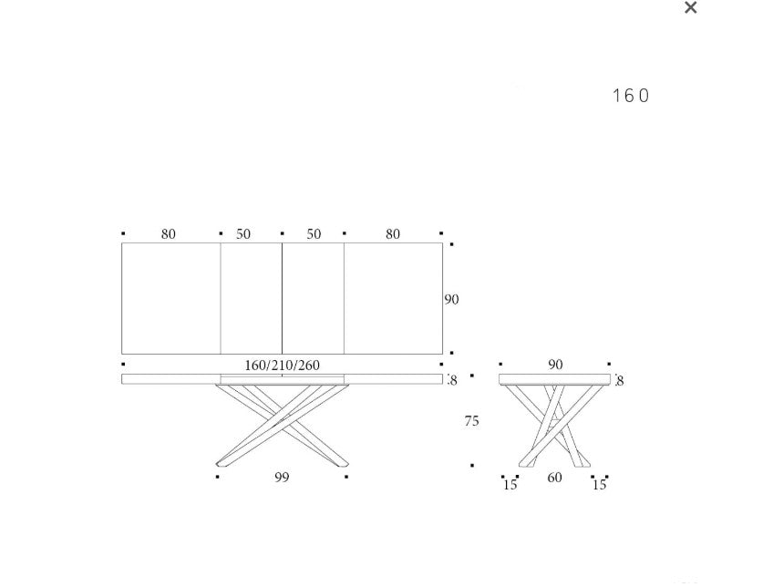 Technical drawing of the London table with dimensions labeled