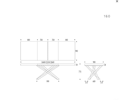 Technical drawing of the London table with dimensions labeled