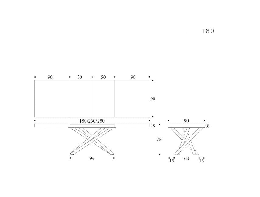 Technical drawing of the London table with dimensions labeled