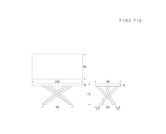 Technical drawing of the London table with dimensions labeled
