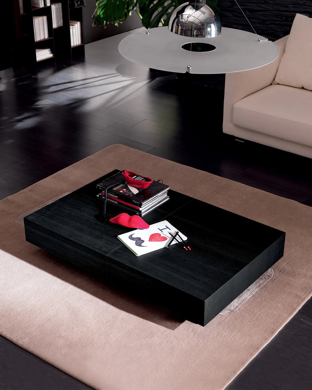 Modern living room with a black Box coffee table and decorative items.