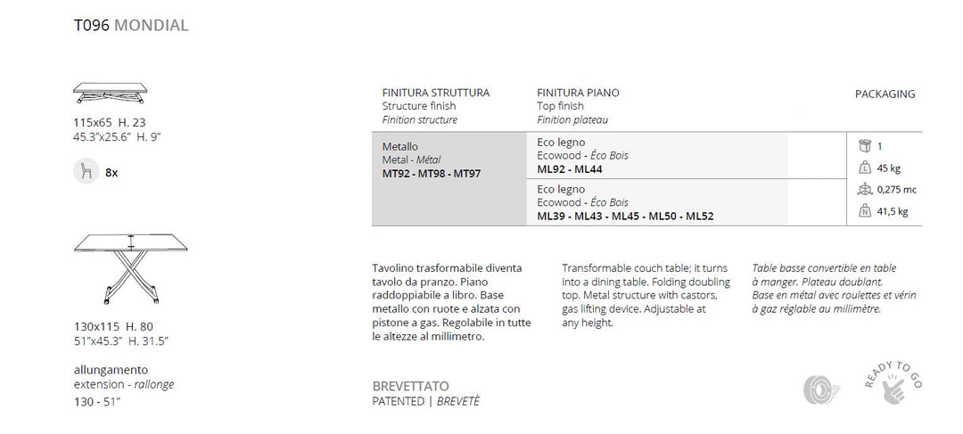 Mondial coffee to dining table  measurements and finishes
