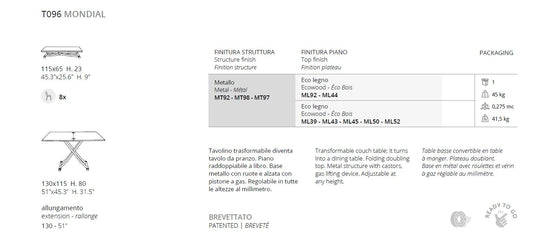 Mondial coffee to dining table  measurements and finishes