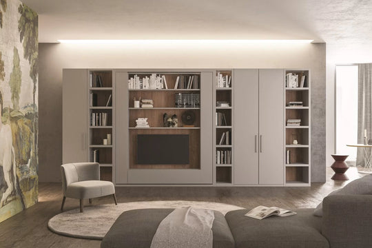 Orbit TV modern bedroom with a large bookshelf unit, sofa, and chair.