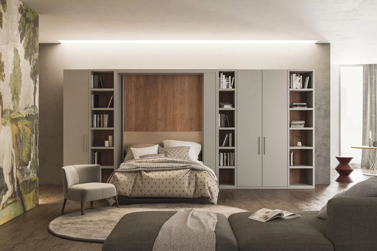 Orbit TV modern bedroom with a bed, bookshelves, and a sofa.