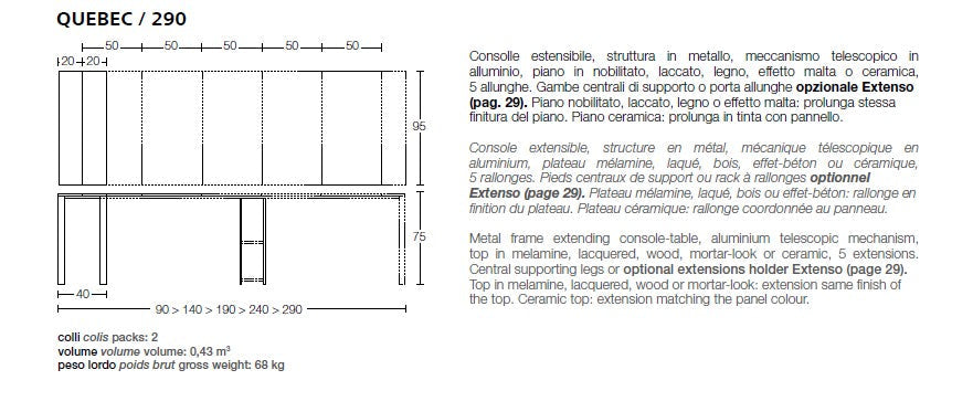 Quebec expanding console to dining table measurements and description