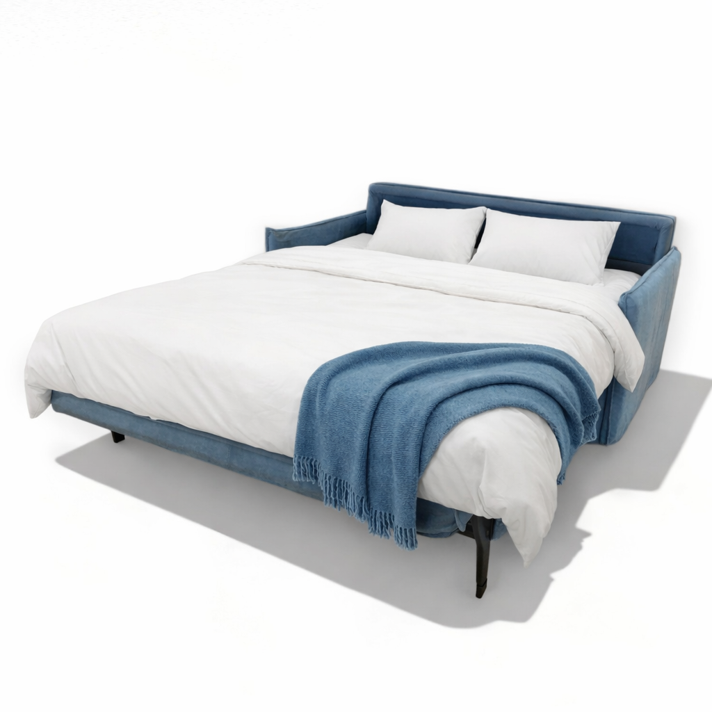 Blue Shabby chic sofa bed with a blue throw blanket on a white background