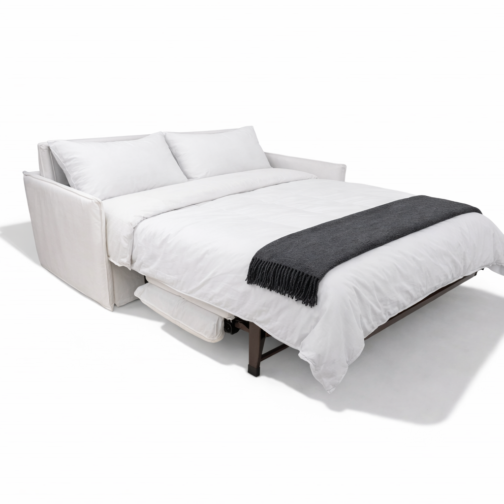 White Shabby chic sofa bed with a black blanket on a white background