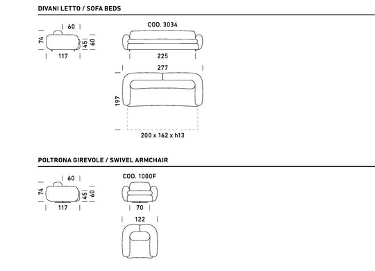 Technical drawings of Space sofa bed and swivel armchair with dimensions on a white background.