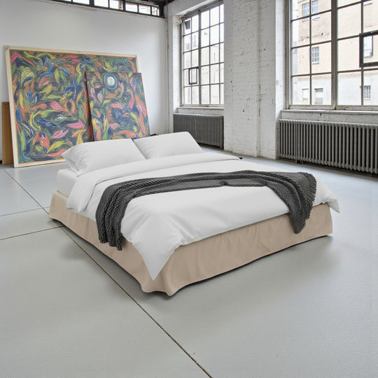 Ted Shabby Chic storage bed, box bed. Bedroom with a bed, colorful abstract art, and large windows.