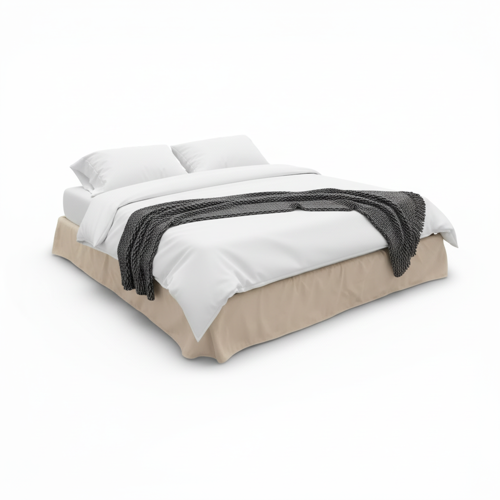 Ted Shabby Chic storage bed, box bed. Beige bed frame with white bedding and a gray throw blanket on a white background