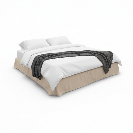 Ted Shabby Chic storage bed, box bed. Beige bed frame with white bedding and a gray throw blanket on a white background