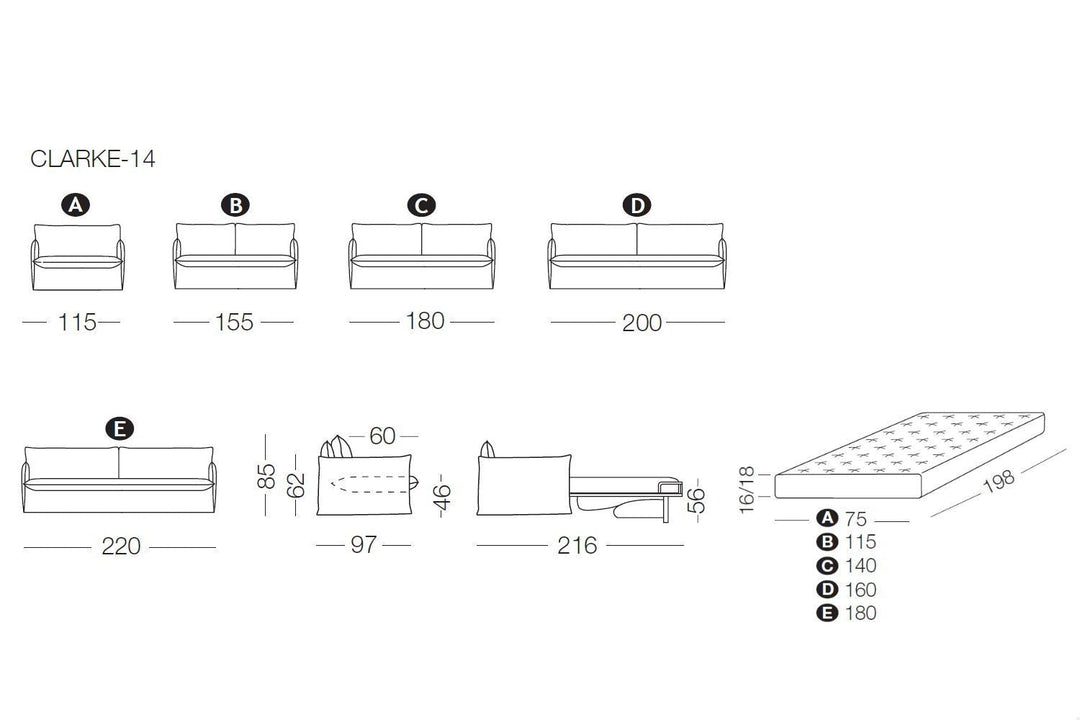 Technical drawing of Clarke armchair, armchair bed, sofa or sofa bed 