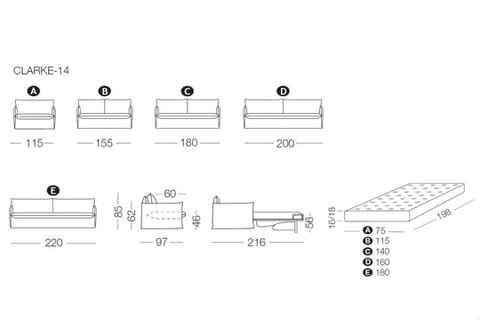 Technical drawing of Clarke armchair, armchair bed, sofa or sofa bed 