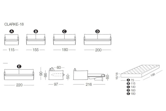 Technical drawing of Clarke armchair, armchair bed, sofa or sofa bed