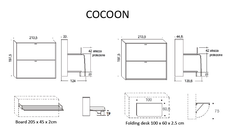 Technical drawing of a COCOON product with dimensions and layout details.