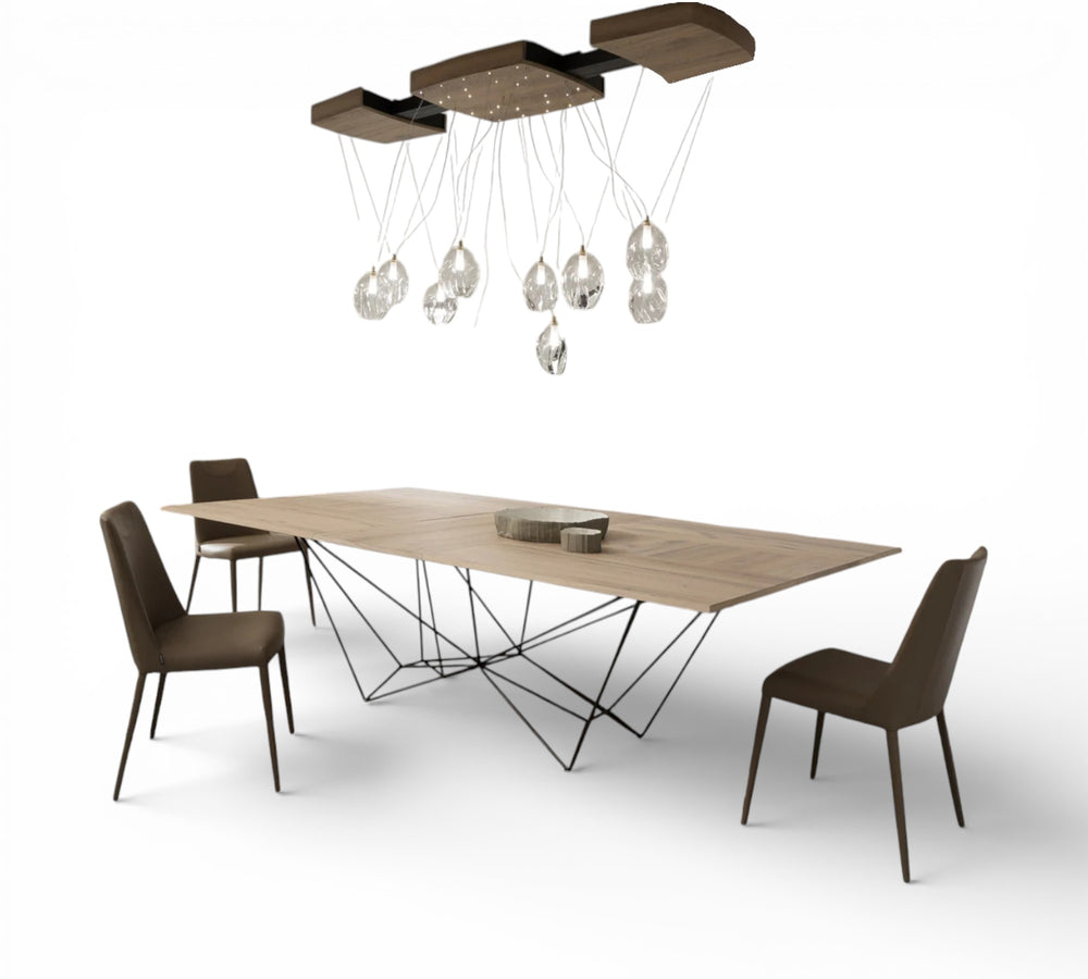 Fil 8 modern dining table with chairs and a stylish chandelier on a white background