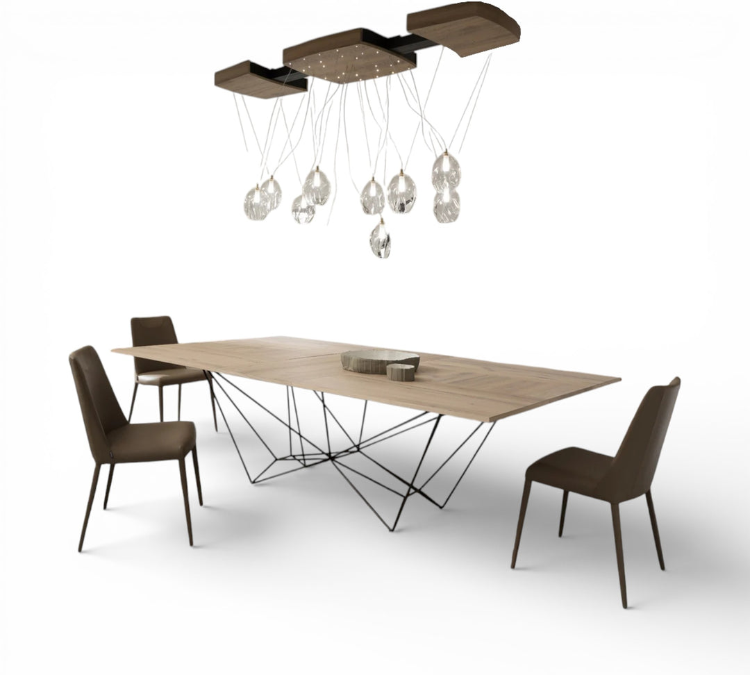 Fil 8 modern dining table with chairs and a stylish chandelier on a white background