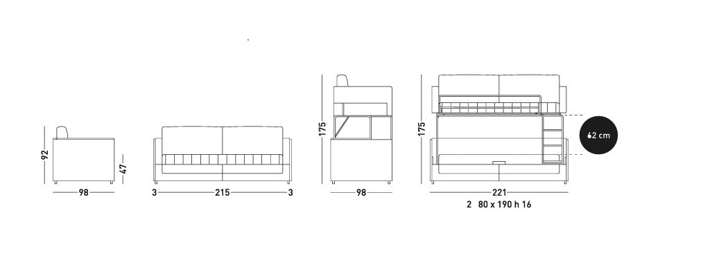 Gemini sofa bunk bed measurements.