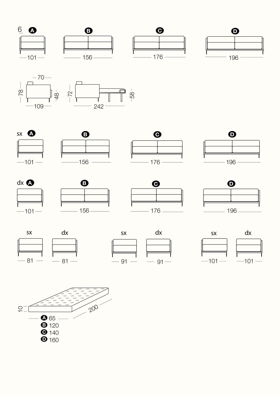 Technical drawing of Marsalis sofa or sofa bed 