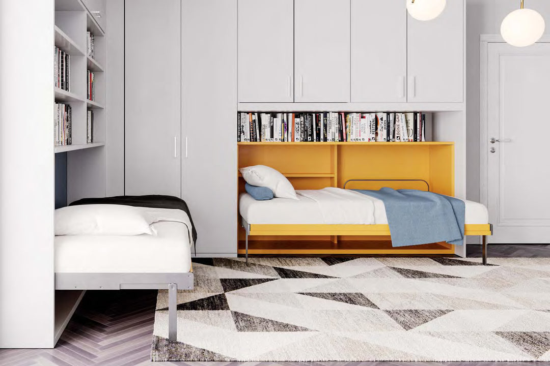 Nest single horizontal wall bed. Modern bedroom with a yellow bed frame and white walls.