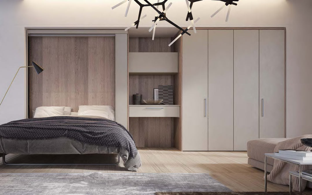 Orbit book swivel wall bed, wardrobe, and desk.