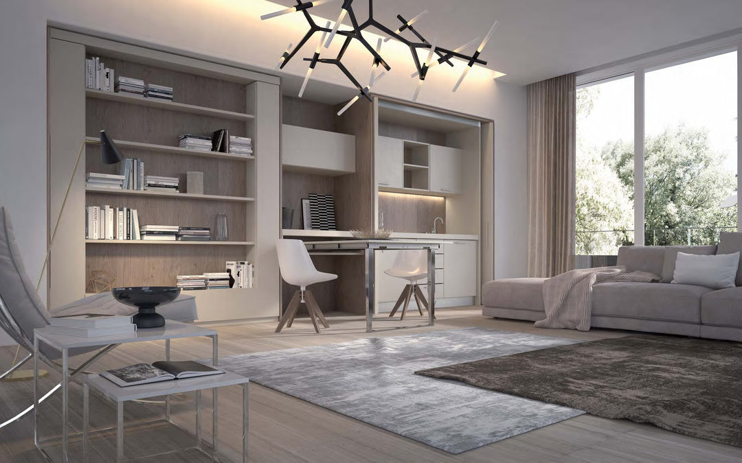 Orbit Book swivel wall bed in a Modern living room with a desk, bookshelves