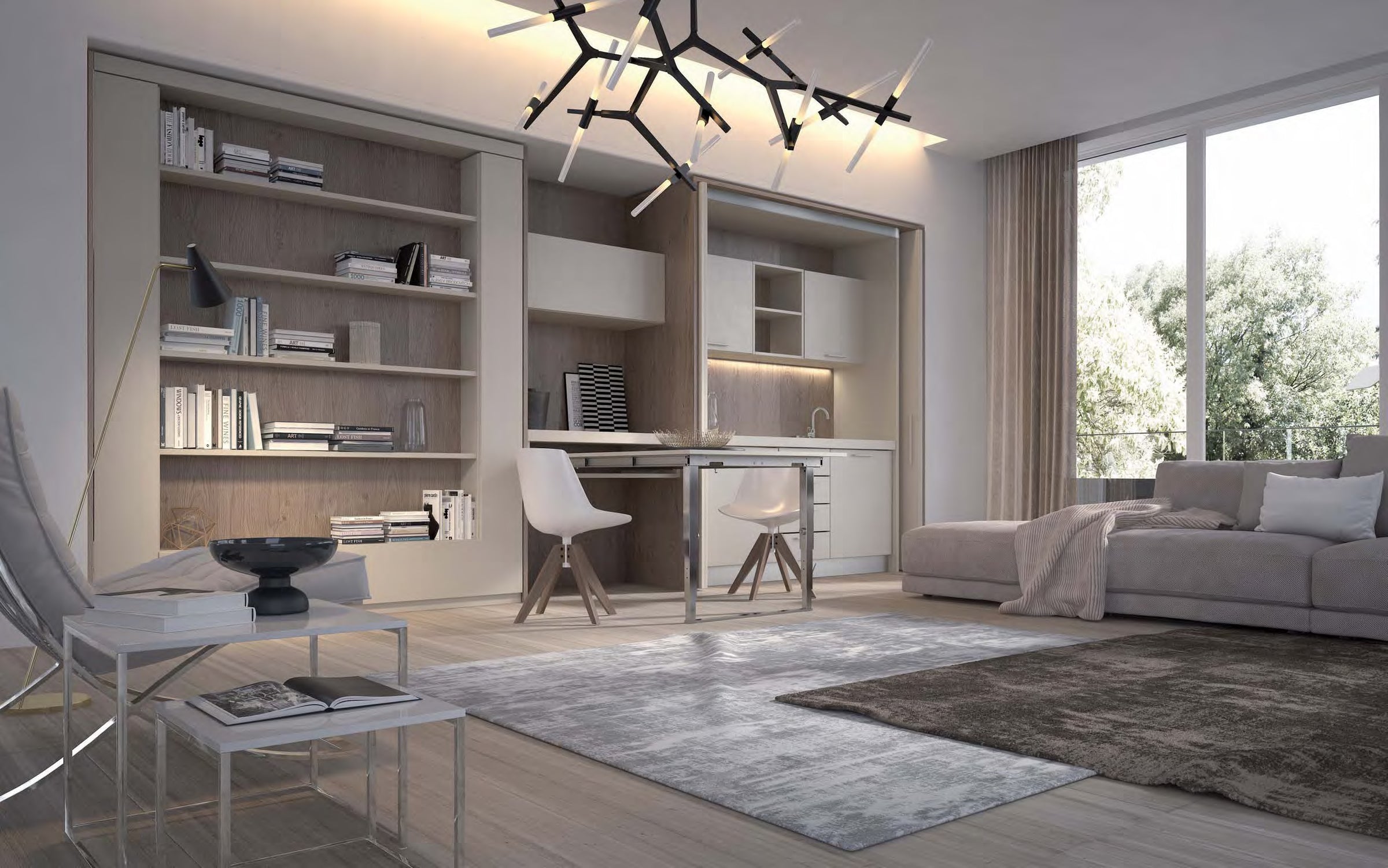 Orbit Book swivel wall bed in a Modern living room with a desk, bookshelves