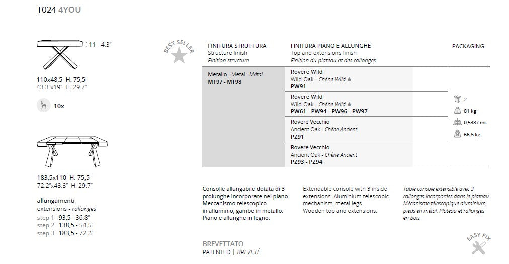 4YOU console measurements and finishes