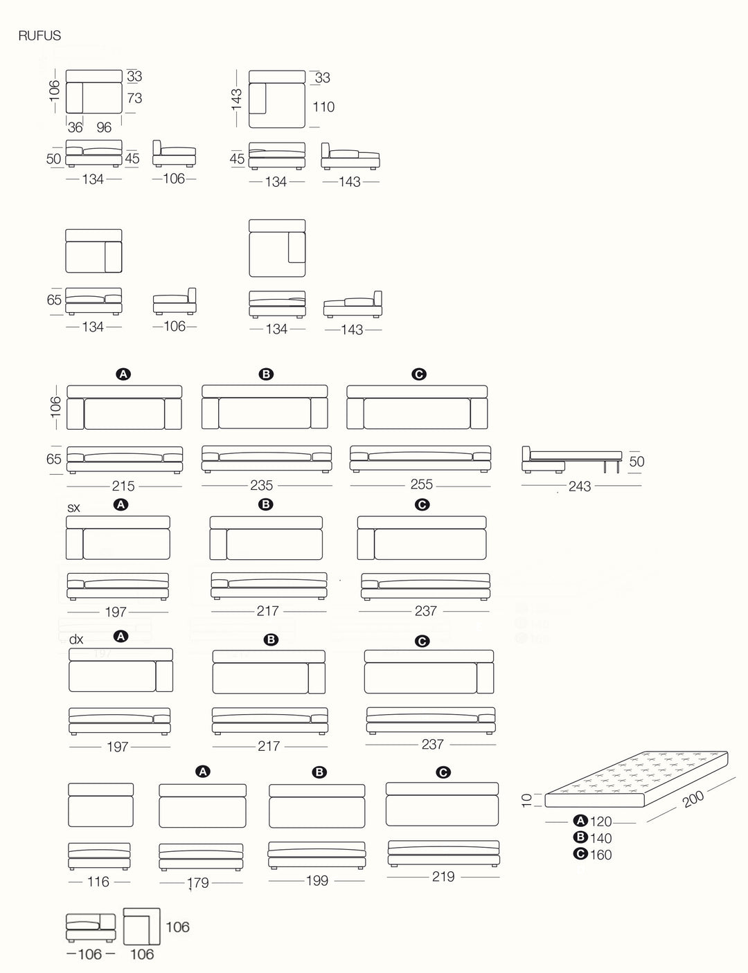 Technical drawing of various Rufus with dimensions on a white background