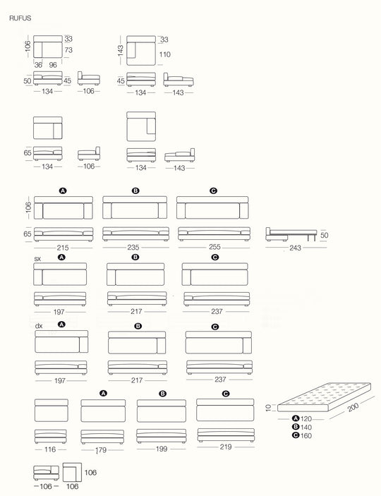 Technical drawing of various Rufus with dimensions on a white background